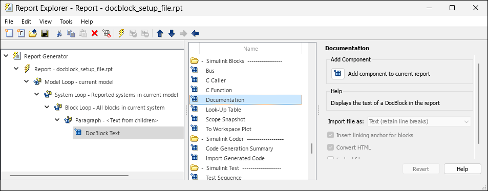 Setup file containing a hierarchy of a Model Loop, System Loop, Block Loop, Paragraph, and Documentation components.