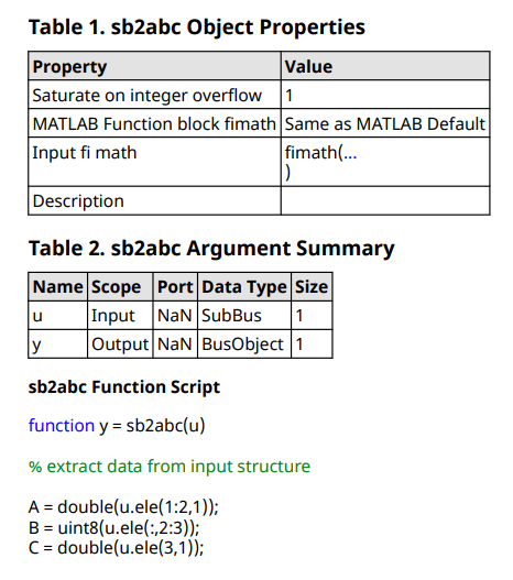 Snippet of report output showing the object properties table, the argument summary, and a portion of the function script.