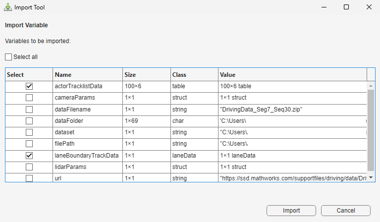 List of MATLAB workspace variables available to import into the Driving Log Analyzer app workspace, with actorTracklistData and laneBoundaryTrackData selected.
