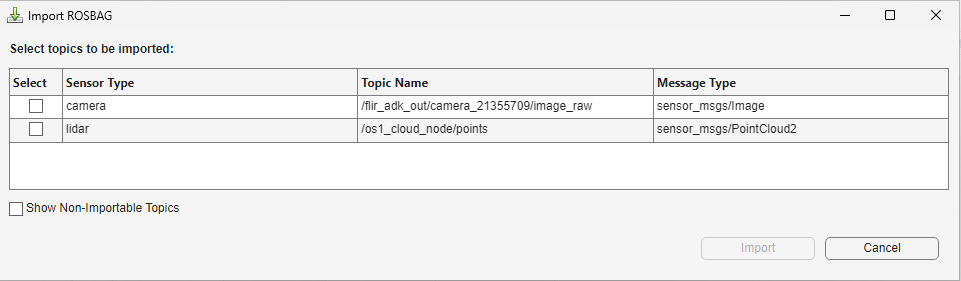 Import ROSBAG dialog box with all sensor data available to import.