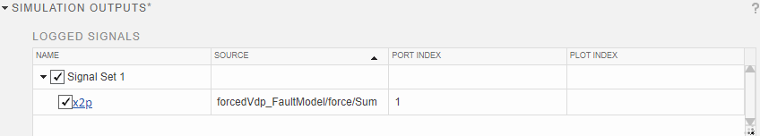 The logged signals table has one signal set with one signal, x2p