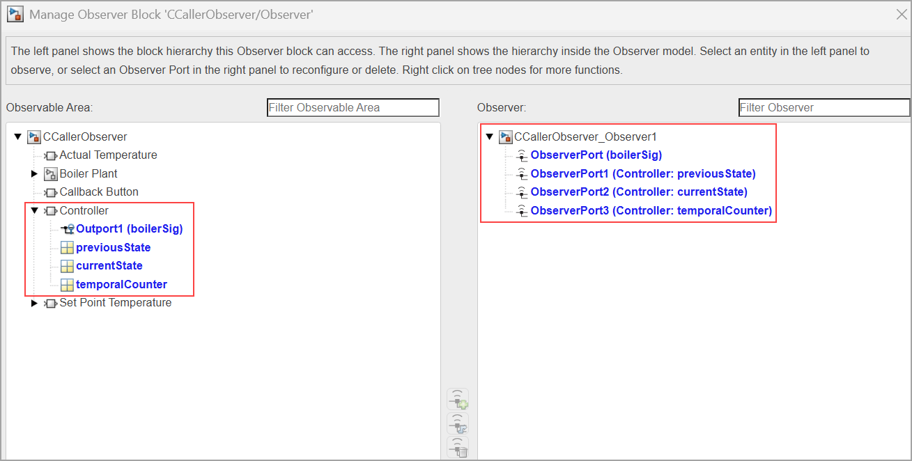 Manage Observer dialog box shows the global variables that the Observer Reference block access.