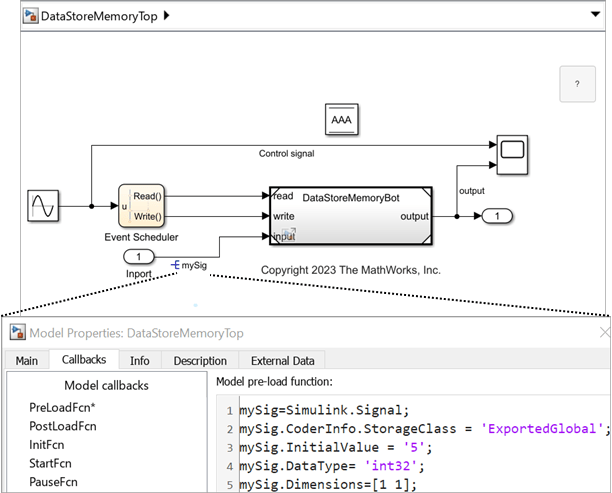 The DataStoreMemoryTop model shows its Model Properties dialog box open to the Callbacks tab.