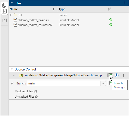 Files and Source Control panels grouped together. Files panel on top shows 2 unmodified model files under Git source control. In the Source Control panel below, the mouse cursor points to the Branch Manager button.