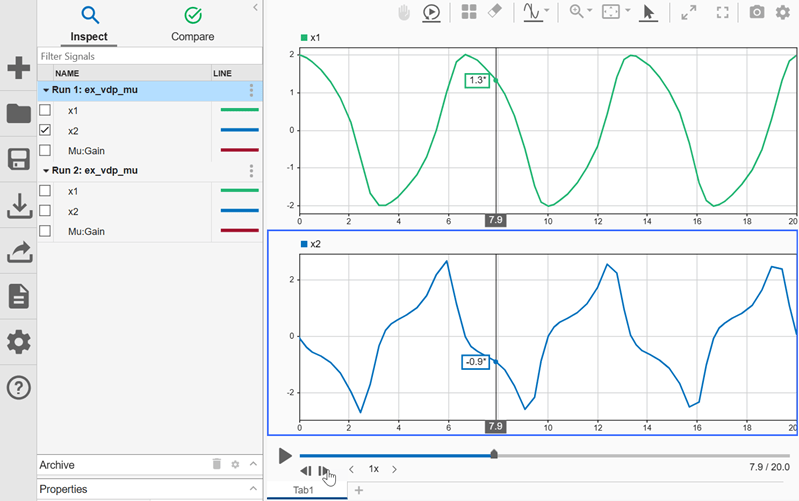 The replay of the simulation is paused. Using the Step forward button, you can view the signal values.