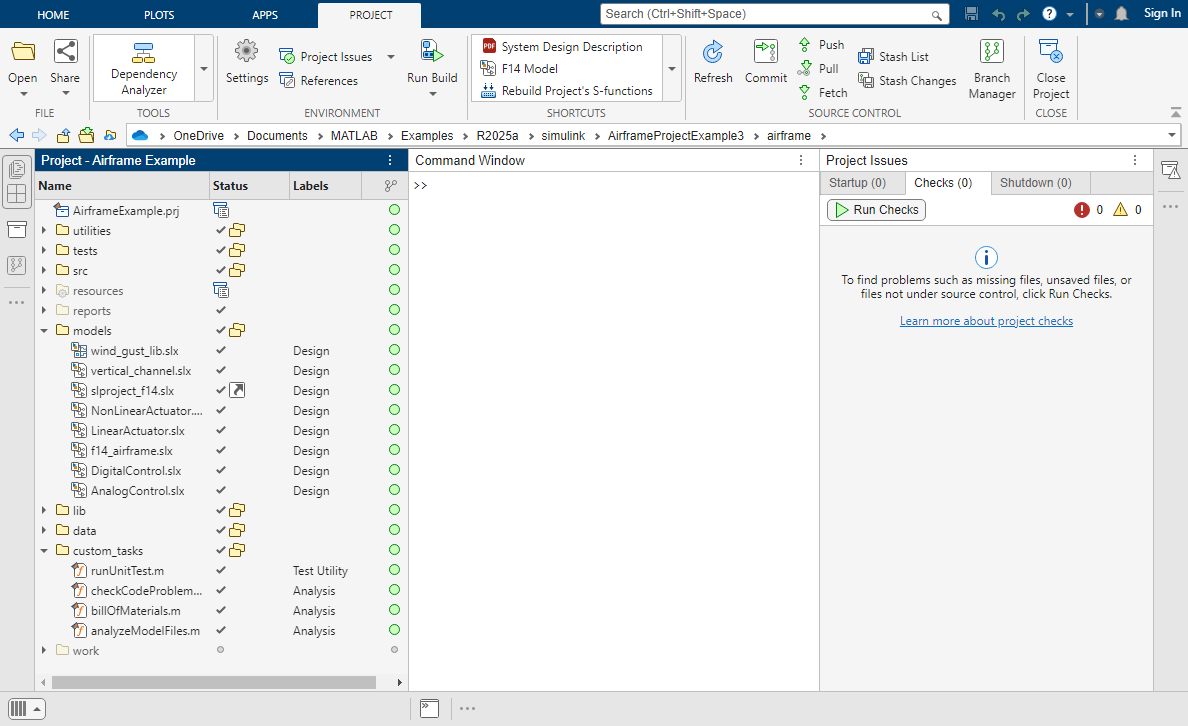 The MATLAB desktop shows the Project panel with the project open on the left, the Project toolstrip on top, the Command Window in the middle, and the Project Issues panel on the right.