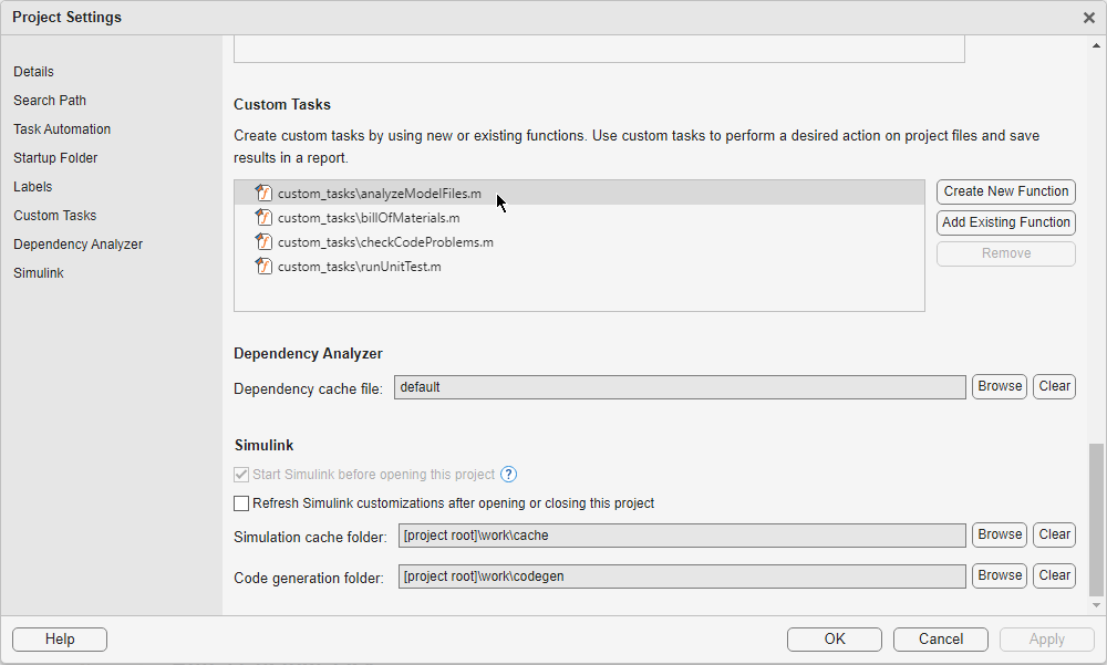 Custom Tasks section in the Project Settings dialog box shows four custom tasks on the left and Create New Function and Add Existing Function buttons on the right.
