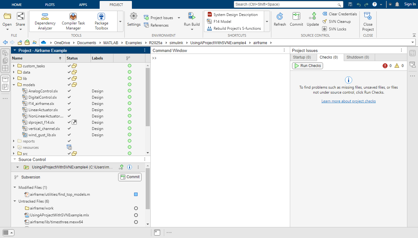 The MATLAB desktop shows the Project panel and Source Control panel with the project open on the left, the Project toolstrip on top, the Command Window in the middle, and the Project Issues panel on the right.