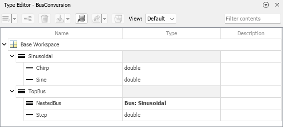 Type Editor with two bus objects in the base workspace