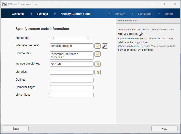 Specify header and source files specified in Specify Custom Code page.