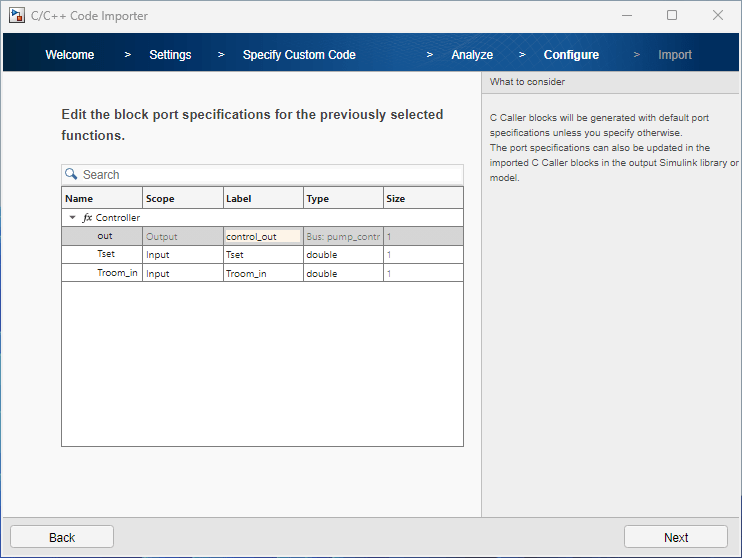 Option to edit the ports for the C Caller block that imports the custom code functions.