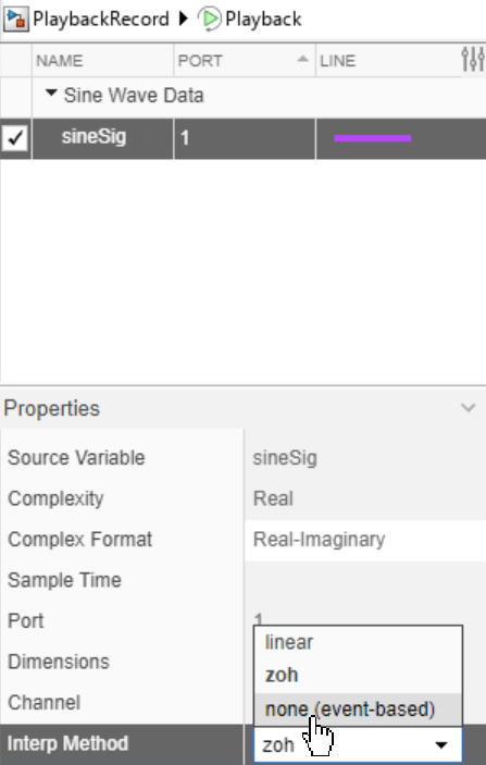 The table of signal and the Properties pane. In the table, sineSig is selected. In the Interp Method row of the Properties pane, the none (event-based) option is selected.