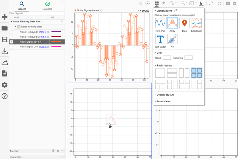 The array icon is dragged from the Visualizations and layouts menu onto the lower left subplot.