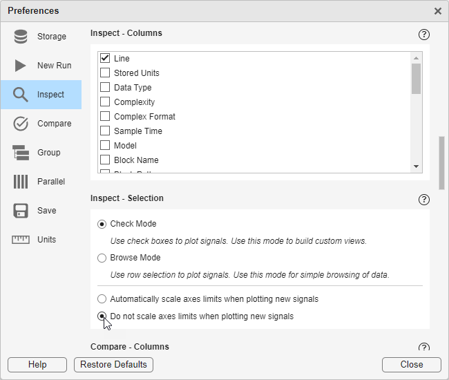 The Inspect pane of the Preferences dialog box