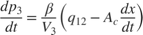$$\frac{dp_3}{dt}=\frac{\beta}{V_3} \left(q_{12}-A_c \frac{dx}{dt}\right)$$