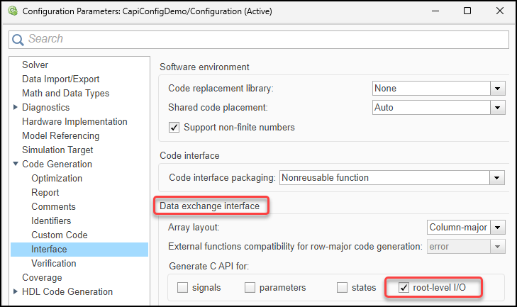 Configuration Parameters dialog box. The Code Generation > Interface pane is open. In the Generate C API for section, the root-level I/O box is selected.