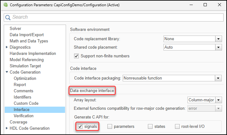 Configuration Parameters dialog box. The Code Generation > Interface pane is open. In the Generate C API for section, the signals box is selected.