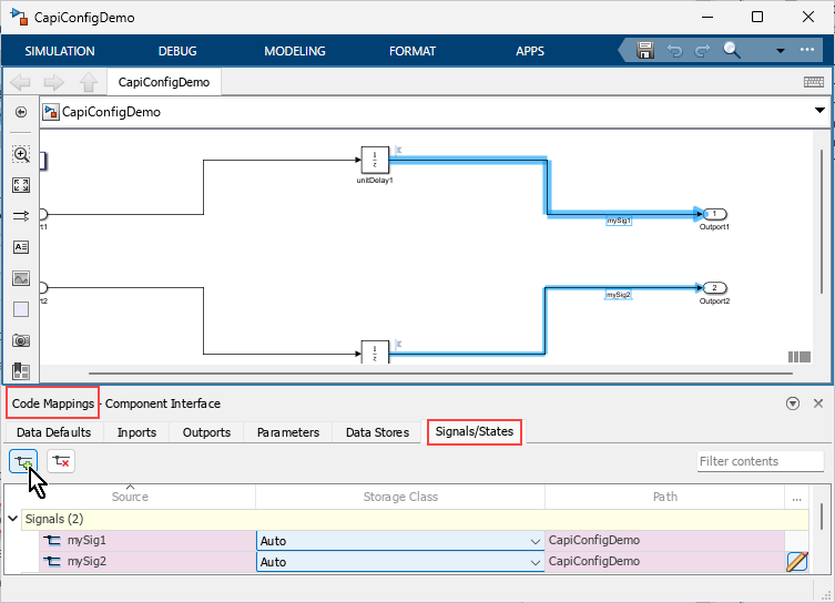 Model with Code Mappings editor open. The output signals of the Unit Delay blocks are selected. The Signals/States tab of the mappings editor is open with the Signals group expanded. The Add Selected Signals is shown to be clicked.