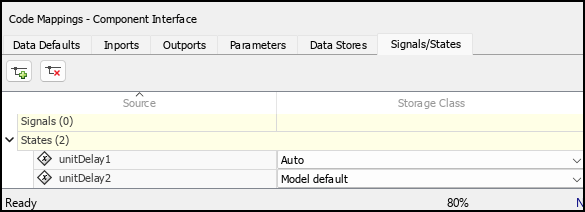 Code Mappings editor. The Signals/States tab is open with the States group expended. The storage classes of the two Unit Delay block states are specified as Auto and Model default.