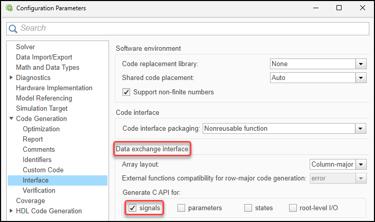 Configuration Parameters dialog box. The Code Generation > Interface pane is open. In the Generate C API for section, the signals box is selected.