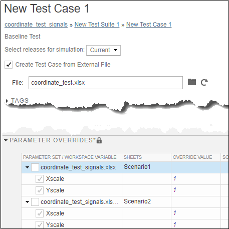 Example Manager showing test case settings from Excel file
