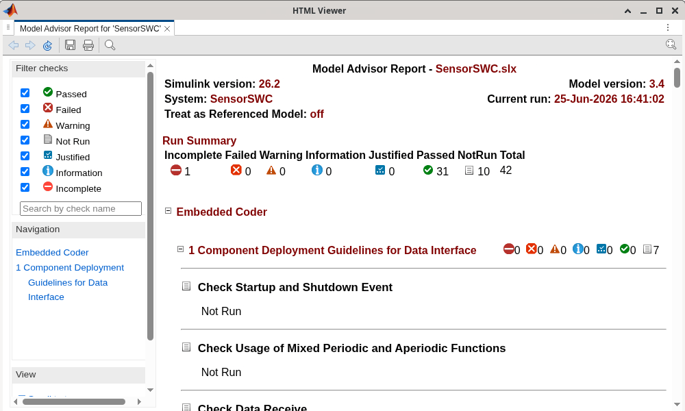 Screen capture that shows a Model Advisor Report for the software component model SensorSWC.