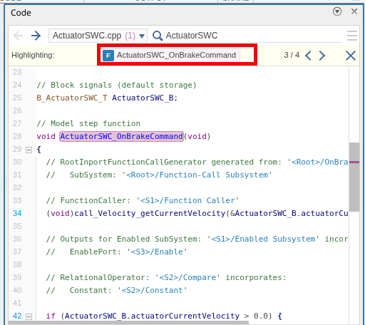 Screen show of the Code view pane with the search field highlighted.