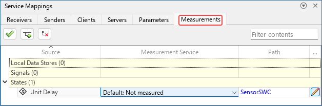 Service Mappings editor with the Measurements tab selected. The entries in the table are: parent entry Local Data Stores with no child entries, parent entry Signals with no child entries, and parent entry States with one child entry for the Unit Delay block.