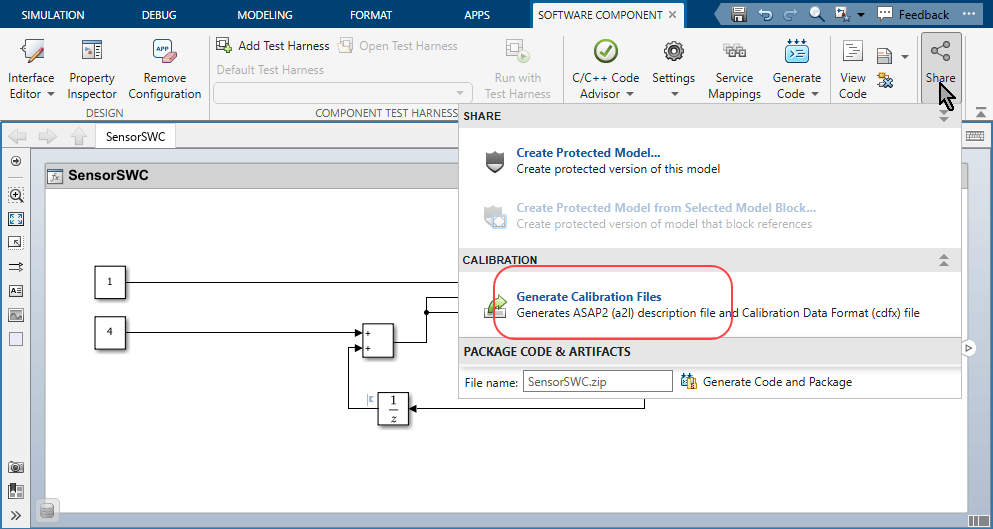 Model SensorSWC with the Software Component tab selected in the Simulink Toolstrip. The gallery of the Share button is open with the Generate Calibration Files item in the Calibration section labeled.