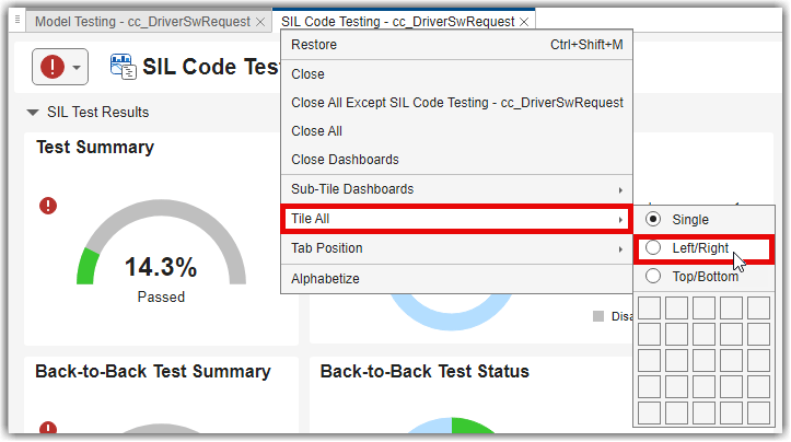 Right-click context menu on SIL Code Testing tab with Tile All > Left/Right highlighted