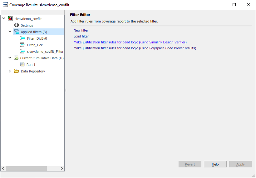 After clicking Applied filters, the Filter Editor displays links to create a new filter file, load a filter file, make justification rules for dead logic using Simulink Design Verifier or using Polyspace Code Prover