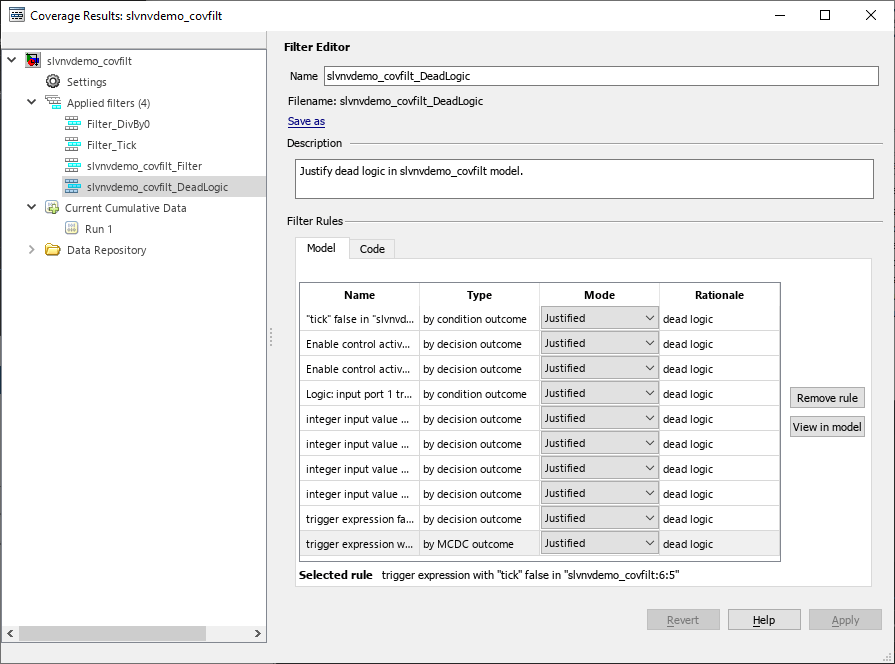 The Coverage Results Explorer shows four applied filters. Simulink Design Verifier creates a new filter file and creates justification rules for the dead logic that it detects in the model.