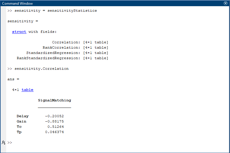 Command Window showing the results after running the generated function