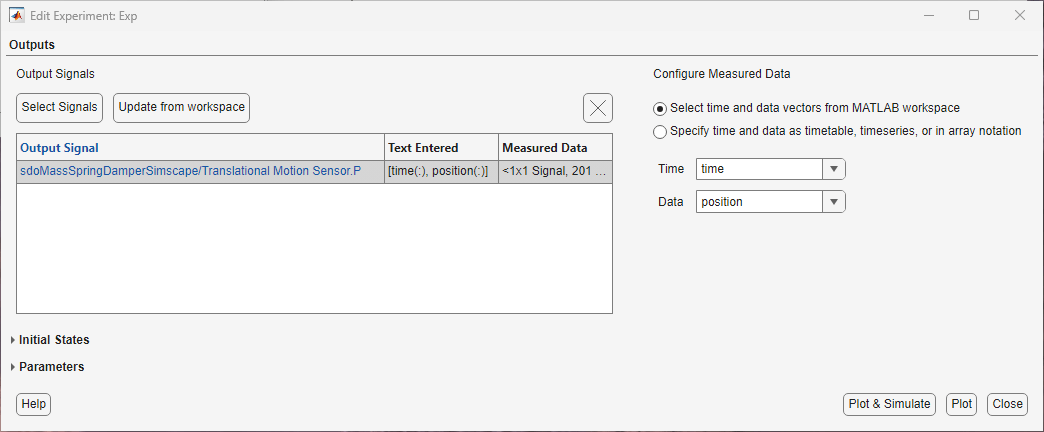 The Edit Experiment: Exp dialog box showing the Outputs section
