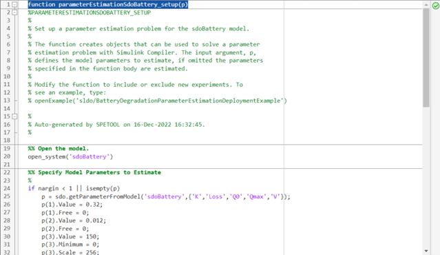 A screenshot showing the setup function in the MATLAB editor