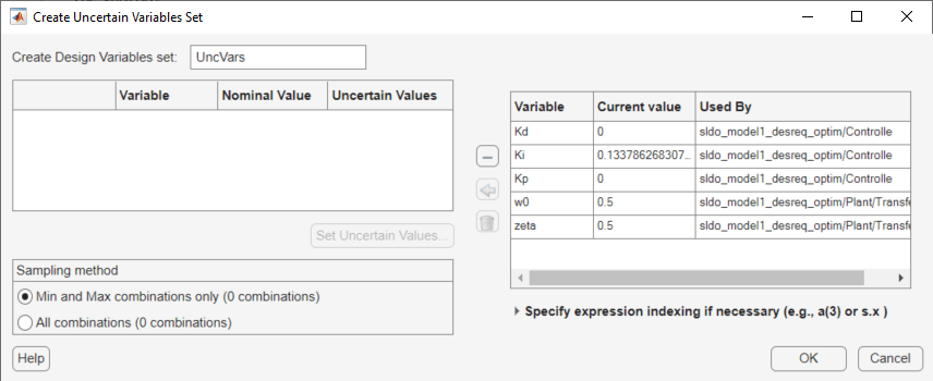 Create Uncertain Variables Set dialog box with all variables shown in the table on the right