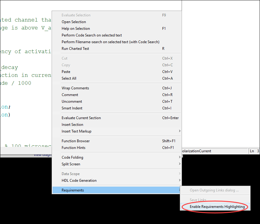 The Requirements options in the context menu are expanded. The Enable Requirements Highlighting option is highlighted.