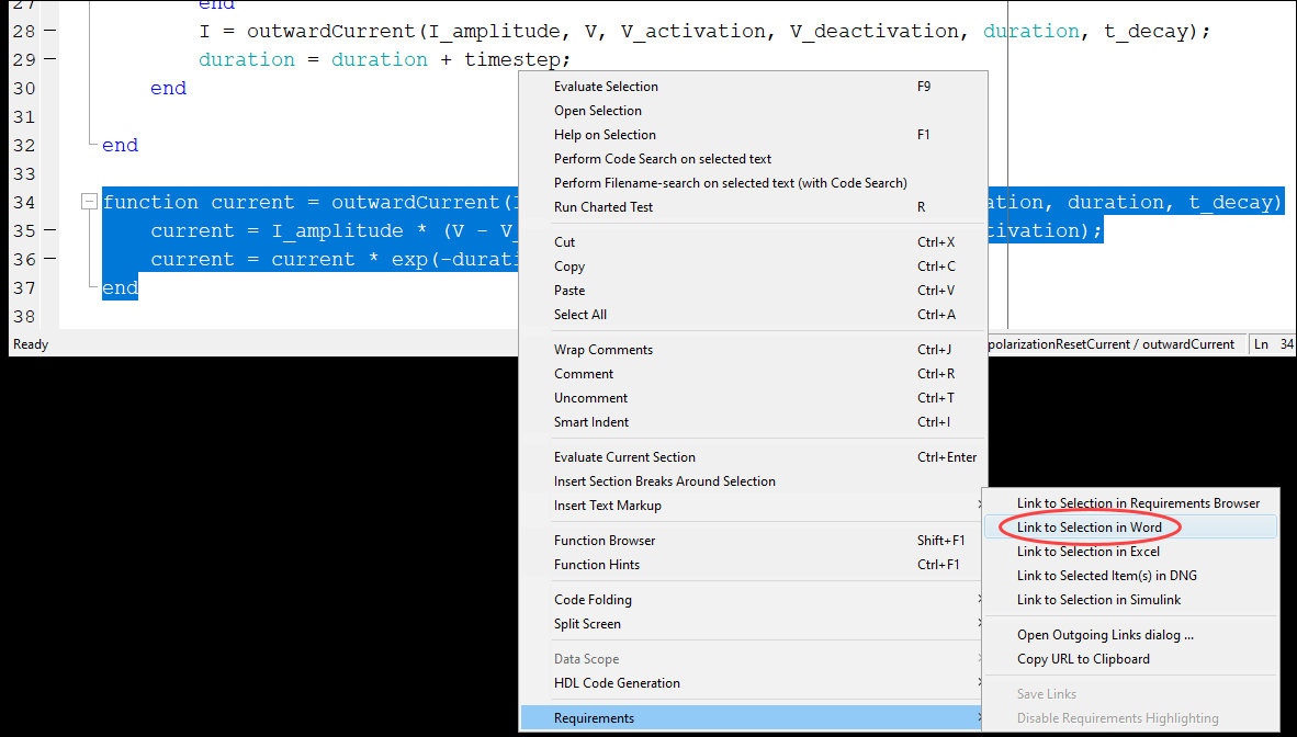 The MATLAB Editor with the Requirement context menu options. The linking options are expanded.