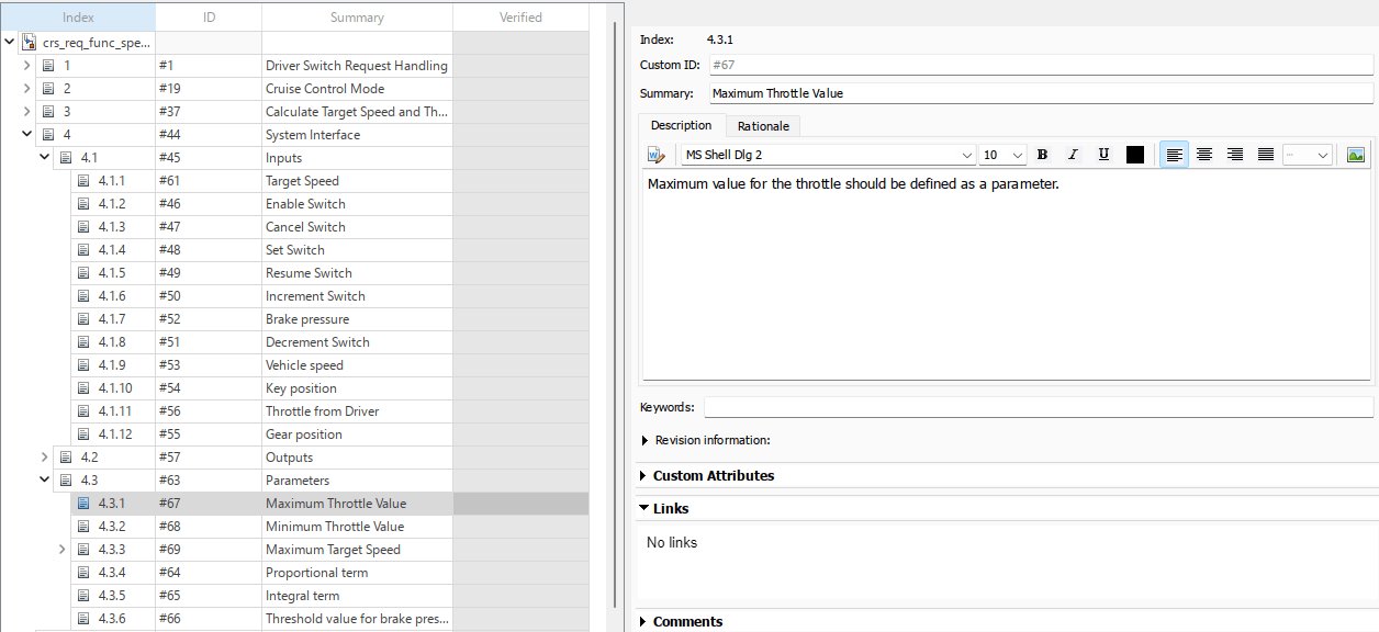 Requirements Editor showing the highlighted requirement.