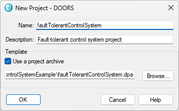 The New Project dialog box in DOORS with all fields specified