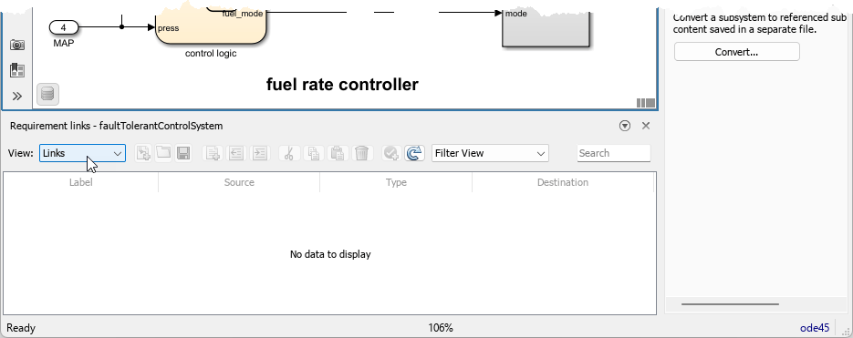 The Requirements Browser is set to the Links view and no links are shown