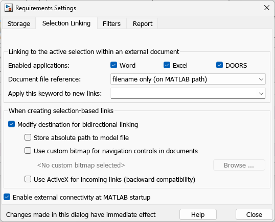The Selection Linking tab of the Requirements Settings dialog box