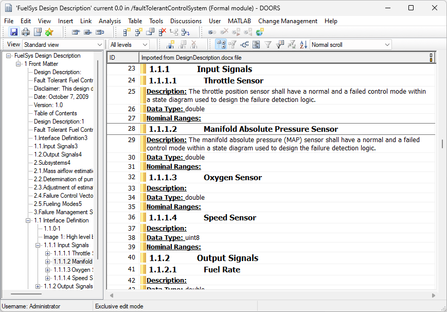 The DOORS FuelSys Design Description module with the Manifold Absolute Pressure Sensor requirement selected
