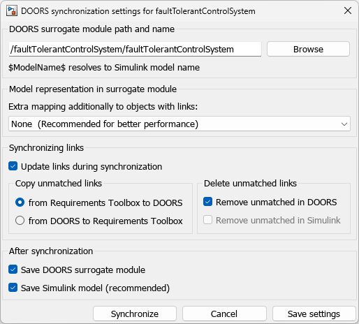 The DOORS Synchronization Settings dialog box with specified fields