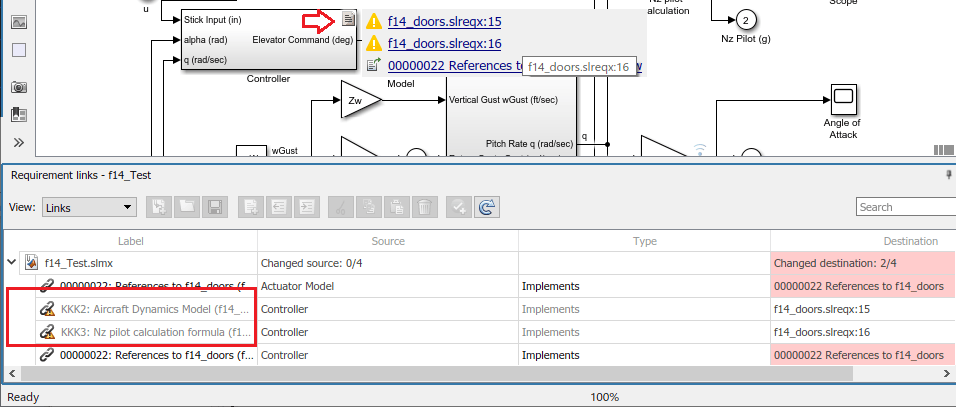 The Requirements Browser shows the broken links.