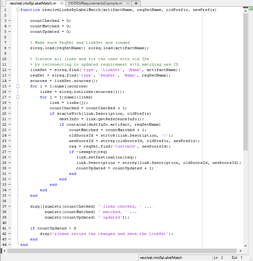 The resolveLinksByLabelMatch function is shown in the MATLAB Editor.