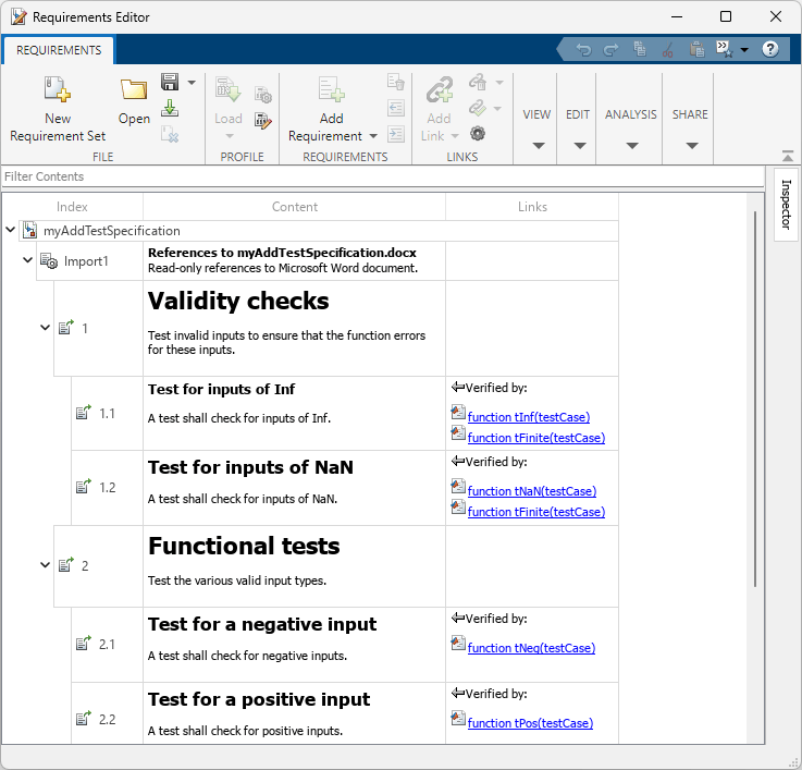 The document view for myAddTestSpecification.