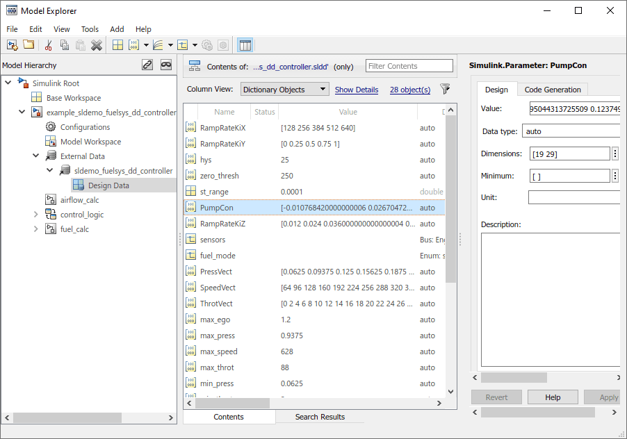The Model Explorer window. Design Data is selected in the Model Hierarchy pane and PumpCon is selected in the contents of the data dictionary.