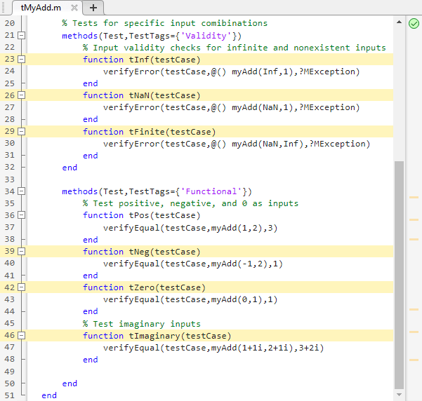 The tMyAdd test file lines 20-51 are shown, which includes the test methods block with the Validity tag andf the test methods block with the Functional tag.