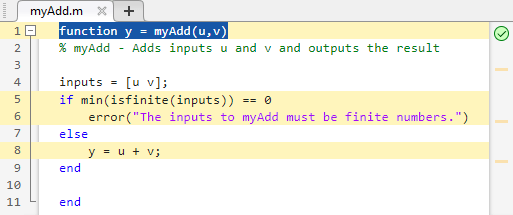 The myAdd function is shown in the MATLAB Editor. Lines 1, 5, 6, and 8 are highlighted yellow. Line 1 is selected.